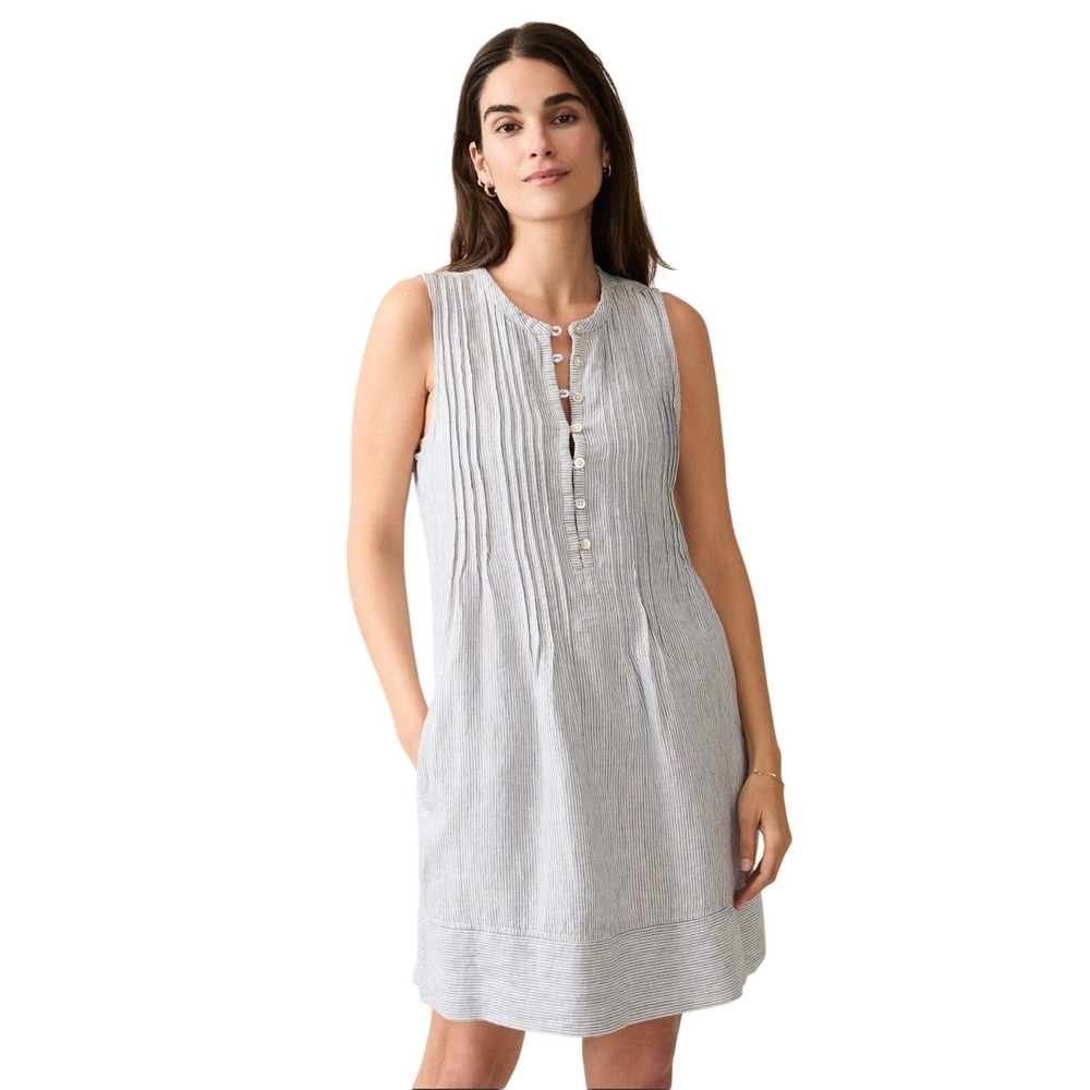 Faherty Isha Linen Dress Small Blue Stripe Pintuck Coastal Summer $178